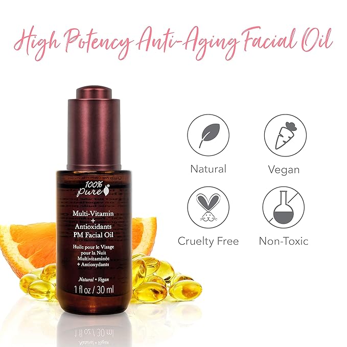 100% PURE Multi-Vitamin + Antioxidants PM Facial Oil, Anti-Aging Skin Care, Night Facial Oil, Anti-Wrinkle, Natural Face Moisturizer w/Retinol, Vitamin C, CoQ10-1 Fl Oz