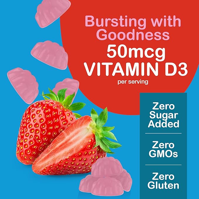 YUM-V'S Vitamin D Zero Gummies by YumVs | Keto Friendly, Sugar Free D3 Supplement | Kids & Adults| 50 mcg – 2000 IU Vitamin D3 | Natural Strawberry Flavor Chewables | 60 Count