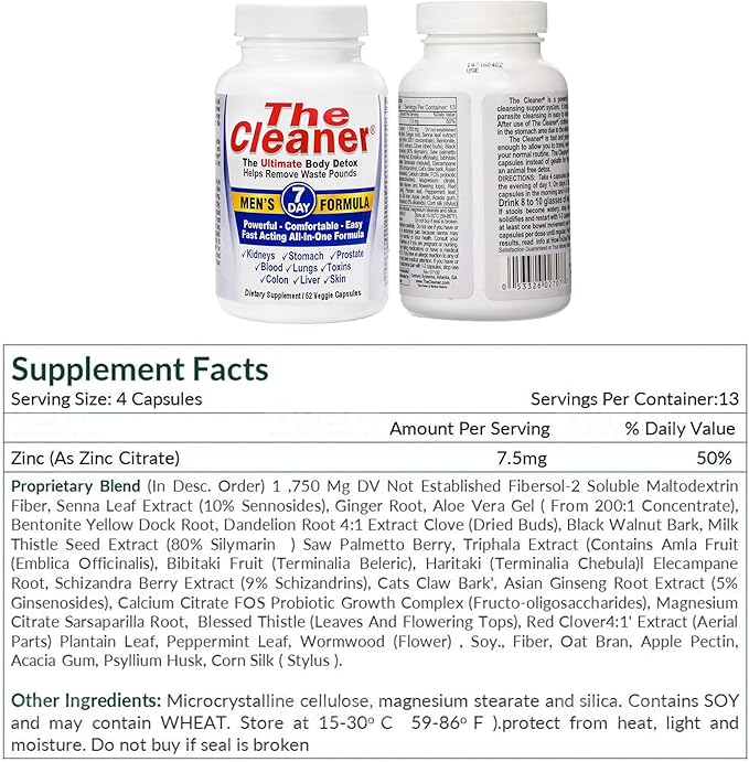 Century Systems The Cleaner Detox, Powerful 7-Day Complete Internal Cleansing Formula for Men, Support Digestive Health, 52 Vegetarian Capsules