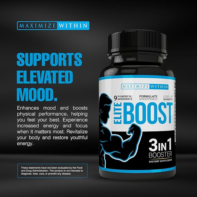 Maximum Slim Elite Boost 3 in 1 Formula Naturally Promotes Testosterone Libido, Energy,Muscle Mass & Stamina, Powerful Ingredients Veggie Capsules