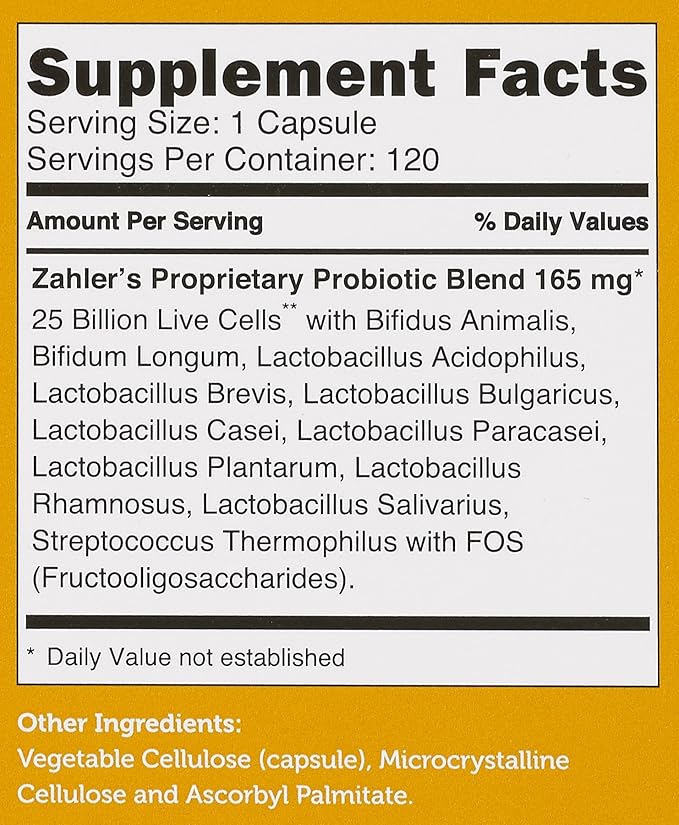 Advanced Nutrition by Zahler Probiotic Nutritional Supplement Capsules, Promotes Digestive Health, 25 Billion Live Culture Per Serving, Optimal Acidophilus for Women and Men, 120 Capsules