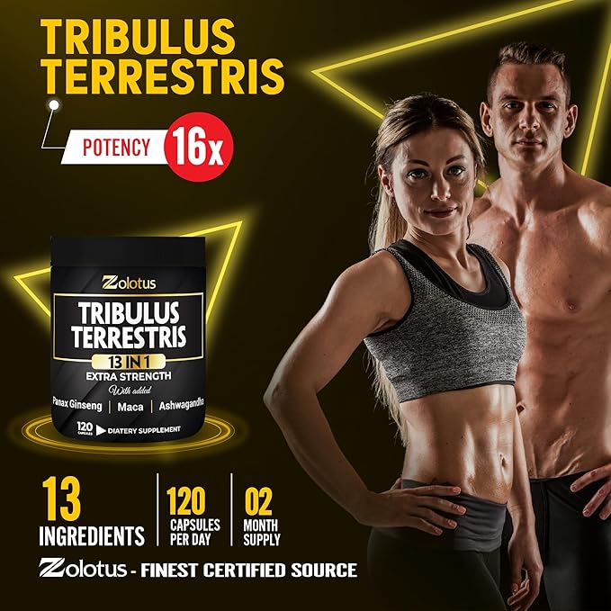 Zolotus 13in1 Tribulus Terrestris Capsules with Maca, Horny Goat Weed, Panax Ginseng, Saw Palmetto, Tongkat Ali, Shilajit & More - Energy, Stamina Supplement for Men & Women - 120 Counts