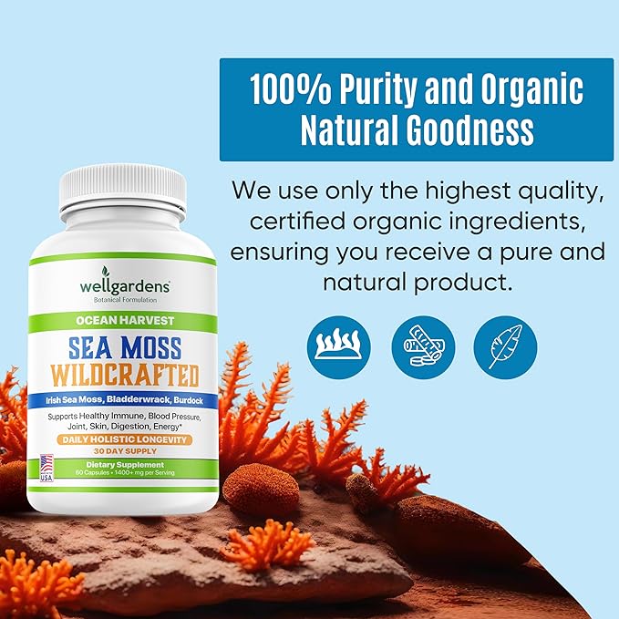 100% Pure Sea Moss, Organic Superfood - Irish Seamoss, Bladderwrack, Burdock Root - Supports Healthy Immune, Blood Pressure, Joint, Skin, Digestion, Energy - 60 Sea Moss Capsules