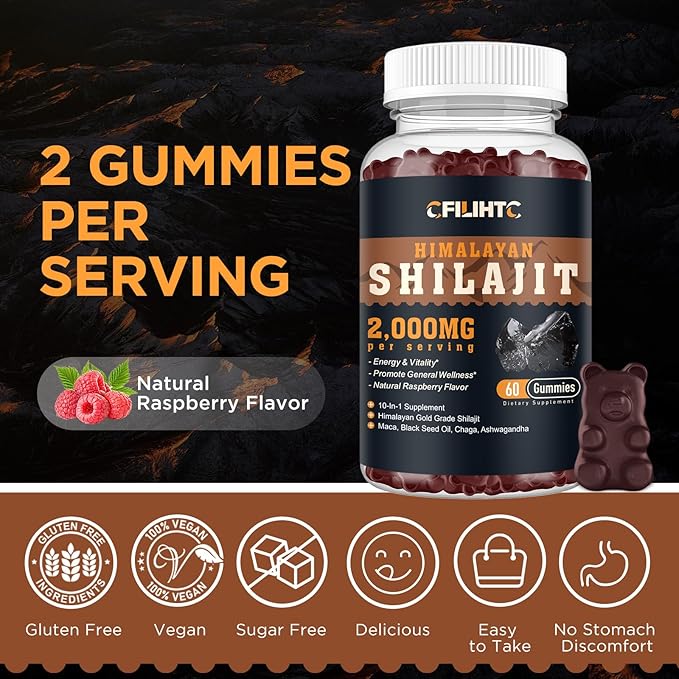 Shilajit Gummies 2000mg - Shilajit Pure Himalayan Organic for Men & Women 85+ Trace Minerals Shilajit Resin with Ashwagandha, Maca, Black Seed Oil - Energy, Brain, Immunity, Sugar Free Raspberry 60ct