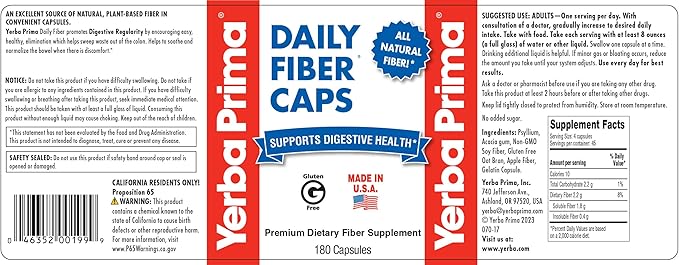 Yerba Prima Daily Fiber Formula - 180 caps (Pack of 2) - Soluble & Insoluble Dietary Fiber Supplement - Colon Cleanse - Gut Health - Vegan, Non-GMO, Gluten-Free