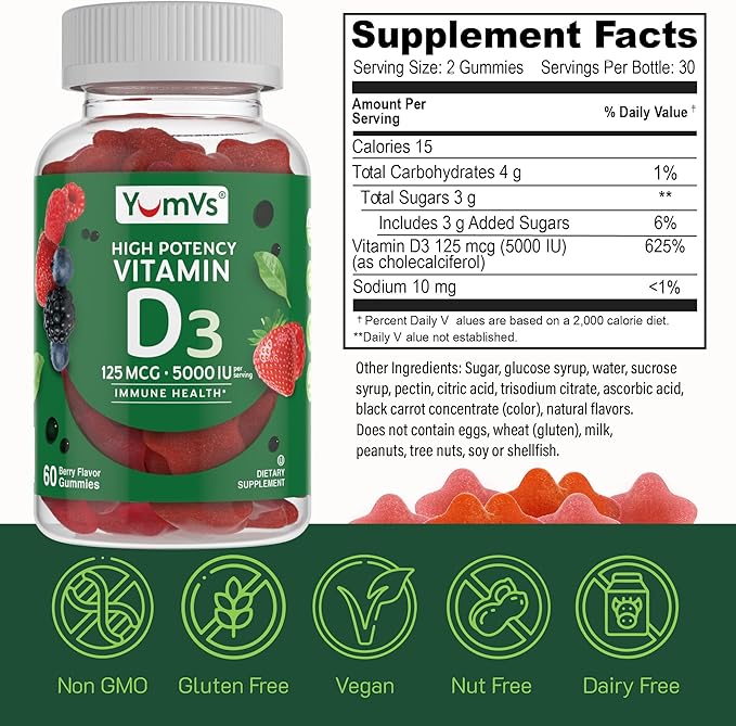 Vitamin D3 Jellies by YumV's | Vitamin D 5000 IU | Daily Dietary Supplement for Men and Women | Mixed Berry Flavor Chewable Jellies | Vegetarian, Gluten-Free, Kosher, Halal | 60 Count