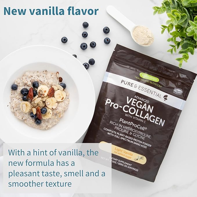 Advanced Vegan Vanilla Collagen Peptide Powder, Enhanced with Glycine, Proline & Hydroxyproline & Cofactor Vitamin C, Non GMO, Vegetarian Plant Based Collagen Powder Booster, 140 Servings, by Igennus