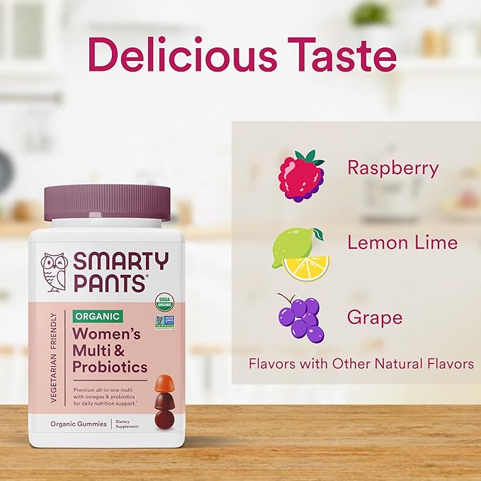SmartyPants Organic Women's Multivitamin Gummies: Biotin, Probiotics, Methylfolate, Omega 3 (ALA), Vitamin D3, C, Vitamin B12, B6, Vitamin A, K & Zinc, Gluten Free, 120 Count (30 Day Supply)