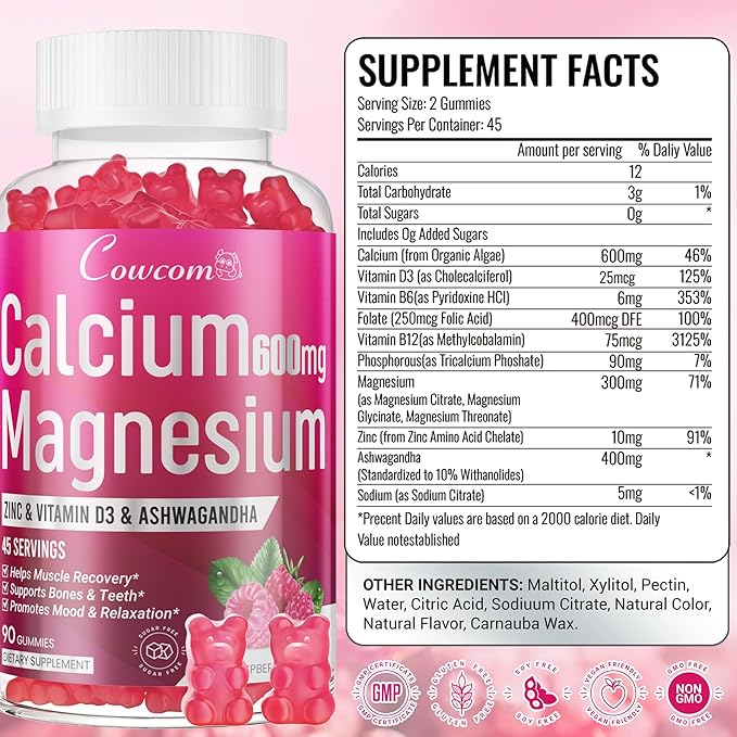 Calcium Magnesium Zinc Gummies Sugar-Free with Vitamin D3 B6 B12,High Absorption Calcium Magnesium Supplement,Bone, Muscles,Calm Mood,Sleep Support for Kids adults,90 Count Vegan Raspberry Flavor
