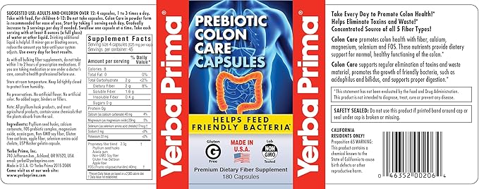 Yerba Prima Prebiotic Colon Care Capsules - 180 Count (Pack of 2), Gluten Free, Proudly Made in The USA, Non-GMO, Soluble & Insoluble Fiber, Supports A Healthy Functioning Colon