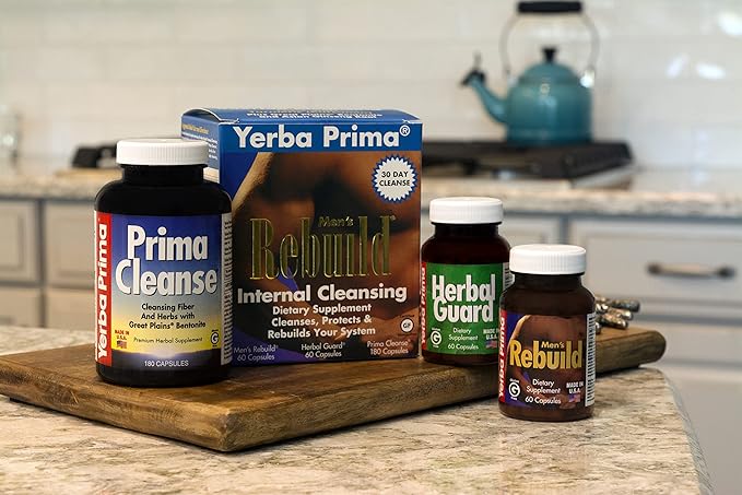 Yerba Prima Cleanse Men Rebuild Kit - 30 Day Internal Cleansing Supplements Designed for Males - Prostate & Colon Health - Kidney & Liver - Natural Herbal Psyllium Fiber, Aloe Vera, Milk Thistle Seed