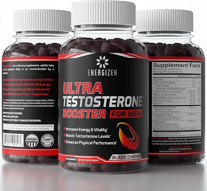 8in1 Testosterone Booster for Men with Tongkat Ali, Fenugreek, Ashwagandha and Magnesium - Improve Libido & Hormonal Balance, Non GMO Made in the USA, Black Cherry, 120 Count Gummies for Men