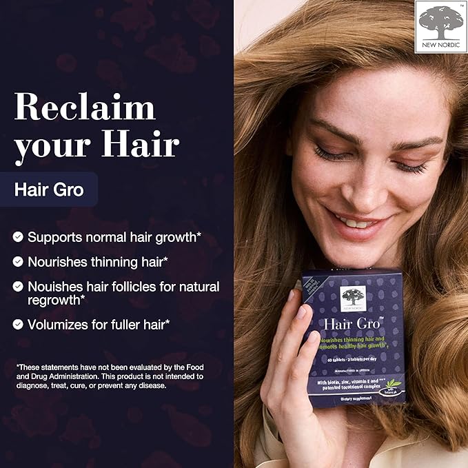 NEW NORDIC Hair GRO, Hair Growth Supplement, Biotin & Palm Fruit Extract Tocotrienols for Natural Regrowth, for Men and Women, 60 Count (Pack of 1)