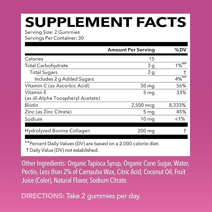 Collagen Gummies for Women and Men - 2500mcg Biotin, Zinc, Vitamin C & E for Promote Hair, Skin & Nail Health - GLP-1 Nutritional Support - Pectin-Based, Non-GMO, Lemon Flavor, 1-Month Supply