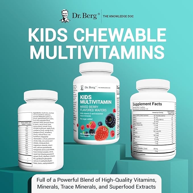 Dr. Berg Kids Chewable Multivitamins (NOT Sweetened w/Sugar) - Daily Multivitamin for Kids That Includes 20 Nutrients & Trace Mineral Complex - Mixed Berry Chewable Vitamins for Kids