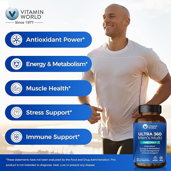 Vitamin World Ultra 360 Multivitamin for Men One Daily, Men's Multivitamin with Minerals, Herbs & Antioxidants, Daily Supplement with Vitamin A, C, D, E & Zinc for Energy & Immune Support, 90 Caplets