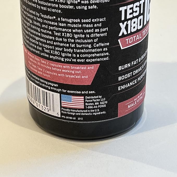 FORCE FACTOR Test X180 Ignite, Testosterone Booster & Fat Burner for Men, Testosterone Supplement to Help Build Muscle, Increase Energy, and Boost Vitality and Performance, 60 Count (Pack of 3)