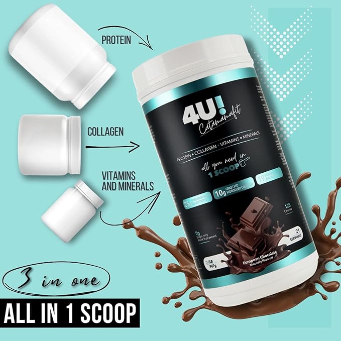 4U! Chocolate Protein Powder, 25g Hydrolyzed Whey Isolate, 10g Hydrolyzed Collagen, 19 Vitamins & Minerals, No Sugar, Gluten Free, 2 lbs (907g)