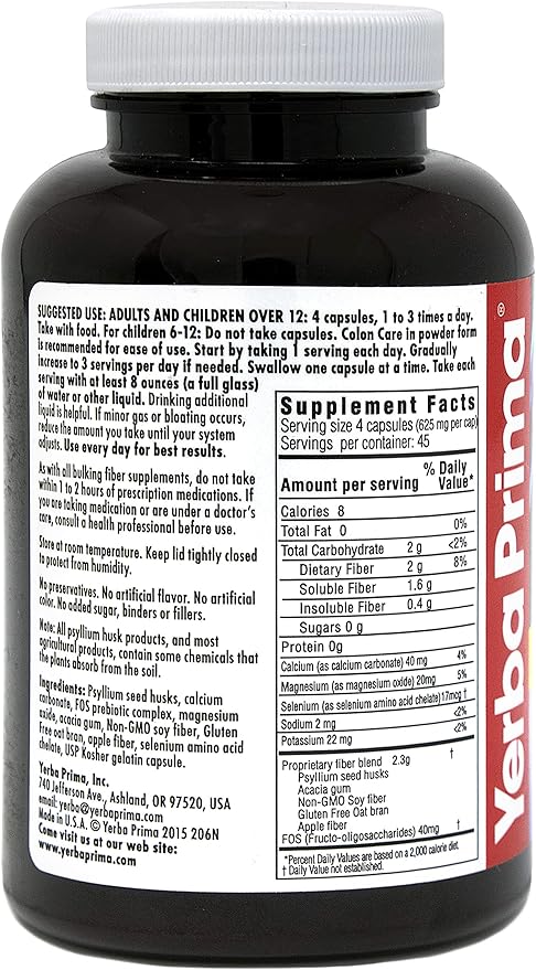 Yerba Prima Prebiotic Colon Care Capsules - 180 Count (Pack of 2), Gluten Free, Proudly Made in The USA, Non-GMO, Soluble & Insoluble Fiber, Supports A Healthy Functioning Colon