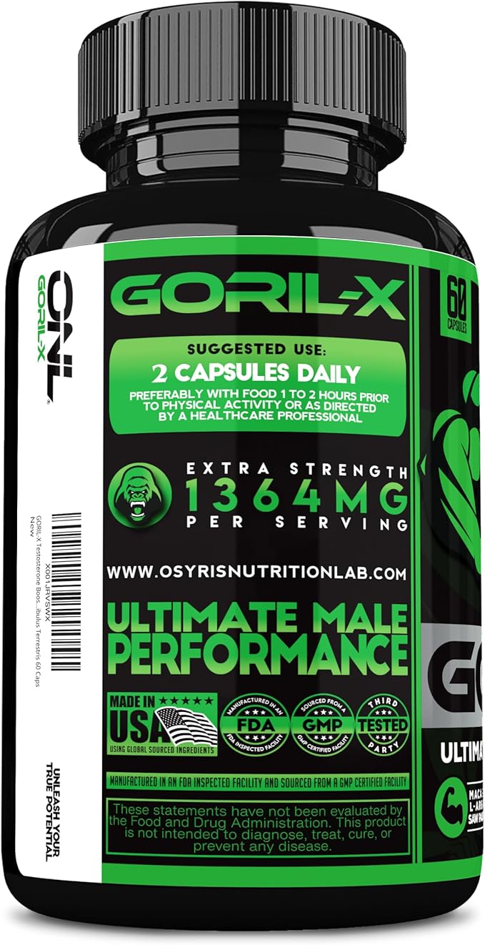 GORIL-X Testosterone Booster for Men - Workout Testosterone Supplement - Increase Size, Strength & Energy - 1000mg Male Enhancing Horny Goat Weed - Maca Root, Tongkat Ali & Tribulus Terrestris 60 Caps