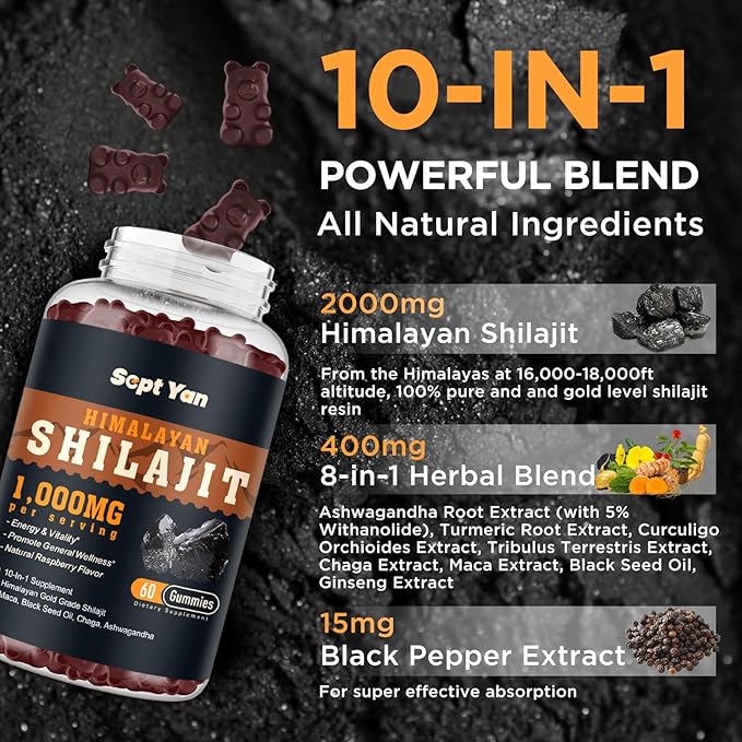 Shilajit Gummies 2000mg - Shilajit Pure Himalayan Organic for Men & Women 85+ Trace Minerals Shilajit Resin with Ashwagandha, Maca, Black Seed Oil - Energy, Brain, Immunity, Sugar Free Raspberry 60ct
