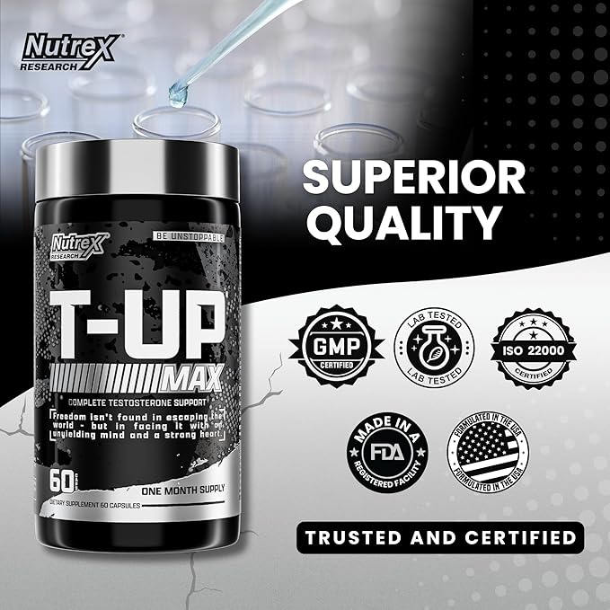 Nutrex Research T-UP Testosterone Booster Supplement for Men - Increase Levels, Boost Strength & Recovery - 60 Capsules