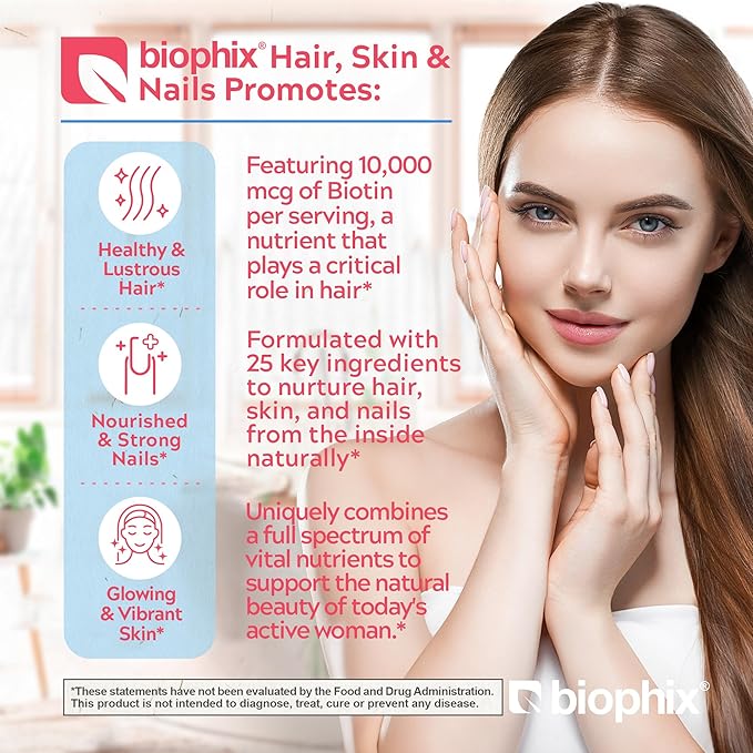 biophix Hair Skin and Nails Complex 180 Caplets with 10,000 mcg Biotin - Multivitamin Supports Strong Nails Beautiful Hair Healthy Aging