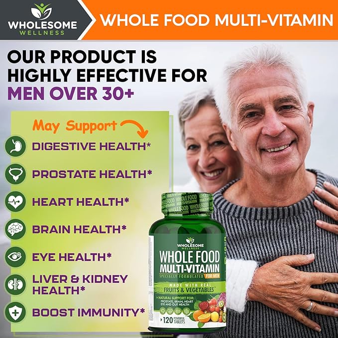 Whole Food Multivitamin for Men - Natural Multi Vitamins, Minerals, Organic Extracts - Vegan Vegetarian - 120 Tablets