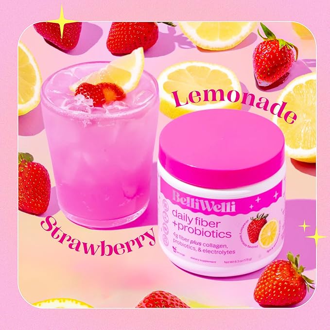 Daily Fiber Supplement Powder with Collagen, Probiotics & Electrolytes | Supports Digestive Health, Gut Balance & Debloating | Strawberry Lemonade | 16 Servings