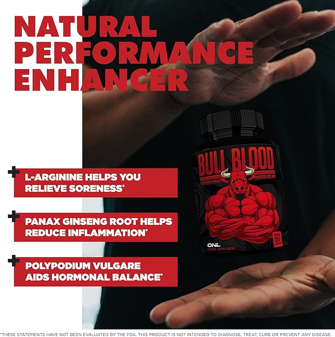 Bull Blood Testosterone Booster for Men - Testosterone Supplement for Stamina & Endurance - Maca Root, Horny Goat Weed, Tribulus Terrestris Extract & Tongkat Ali - Male Enhancing Supplement - 60 Ct