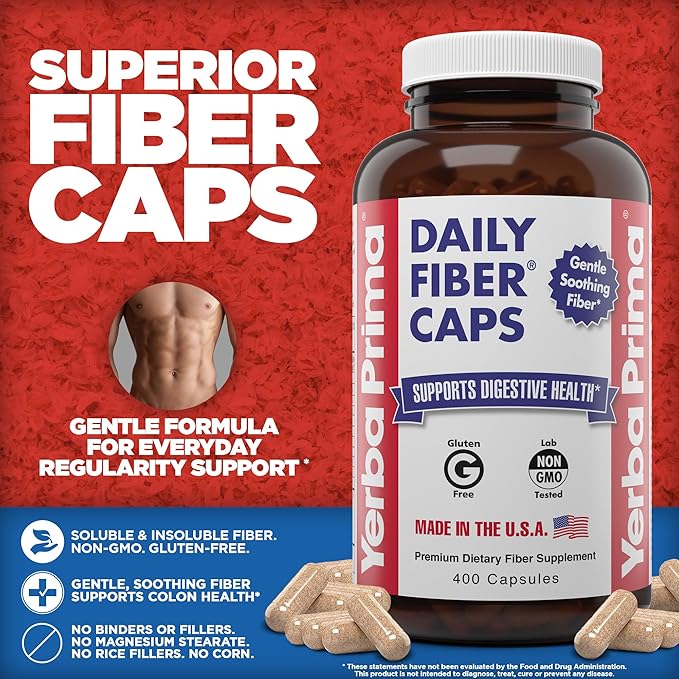 Yerba Prima Daily Fiber Caps Formula 400 Capsules (Pack of 2) - Both Soluble/Insoluble Fiber with Psyllium Seed Husks, Acacia Gum, Apple Fiber Supplement