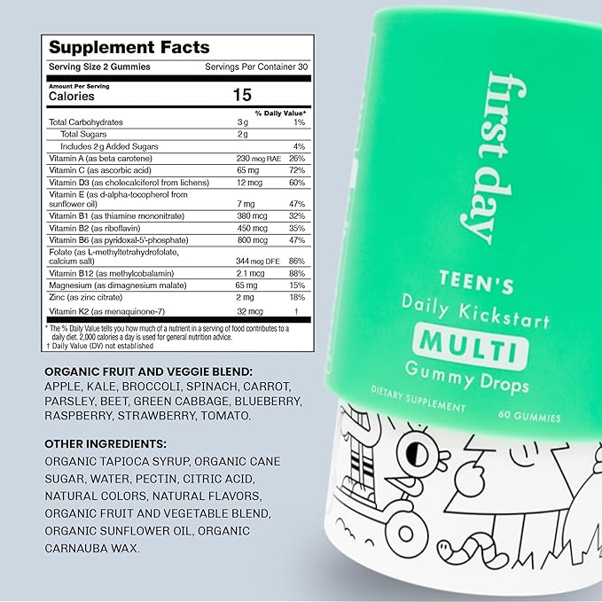 FIRST DAY Multivitamin Gummies Bundle for Women & Teens – Vitamins A, B, C, D & K + Folate, Magnesium, Zinc, Biotin & More – Made w/Organic Fruits & Veggies, Only 2g Sugar – 2-Pk, 30 Day Supply Each