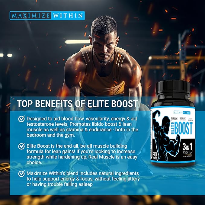 Maximum Slim Elite Boost 3 in 1 Formula Naturally Promotes Testosterone Libido, Energy,Muscle Mass & Stamina, Powerful Ingredients Veggie Capsules