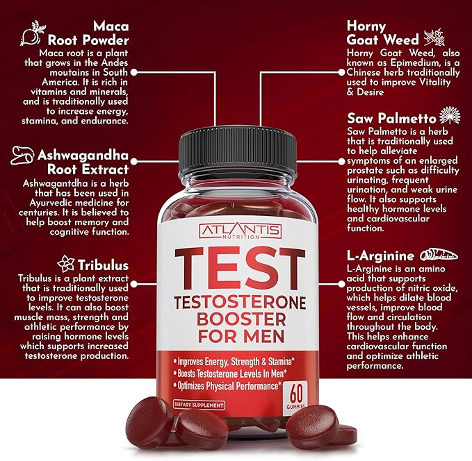 Testosterone Booster For Men Gummies - Male Enhancement, Boosts Energy, & Optimizes Physical Performance. Formulated with Tribulus, Horny Goat Weed, Saw Palmetto, Maca Root & More - 60 Gummies