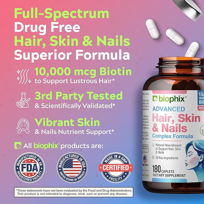 biophix Hair Skin and Nails Complex 180 Caplets with 10,000 mcg Biotin - Multivitamin Supports Strong Nails Beautiful Hair Healthy Aging