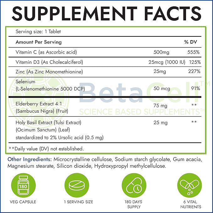 6 in 1 Immune Supplement with Elderberry, Vitamin C and Zinc, Vitamin D and Selenium, Holy Basil - Immunity for Adults Kids, Immune Defense (180 Tablets)