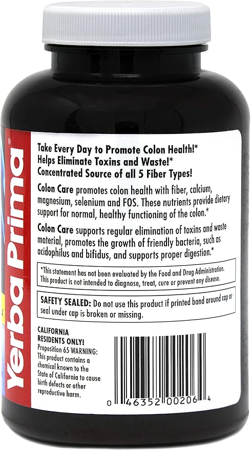 Yerba Prima Prebiotic Colon Care Capsules - 180 Count (Pack of 2), Gluten Free, Proudly Made in The USA, Non-GMO, Soluble & Insoluble Fiber, Supports A Healthy Functioning Colon