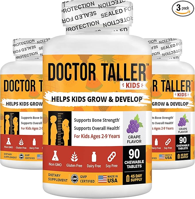 Doctor Taller Kids - Kids Multivitamins, Toddler Vitamins - Support Height Growth, Enhanced Immunity with Calcium, Multivitamins for Ages 2 to 9 - Grape Flavor - 90 Vegan Chewable Tablets | 3 Pack