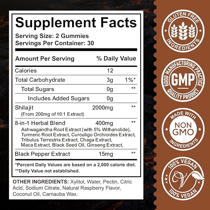 Shilajit Gummies 2000mg - Shilajit Pure Himalayan Organic for Men & Women 85+ Trace Minerals Shilajit Resin with Ashwagandha, Maca, Black Seed Oil - Energy, Brain, Immunity, Sugar Free Raspberry 60ct