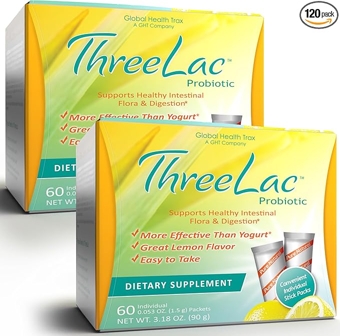 ThreeLac Lemon Probiotic Drink Mix for Digestive Health - Advanced Probiotic Powder Formula for Men, Women, and Kids - Immune Support & Gut Balance, Non-GMO - 120 Packets