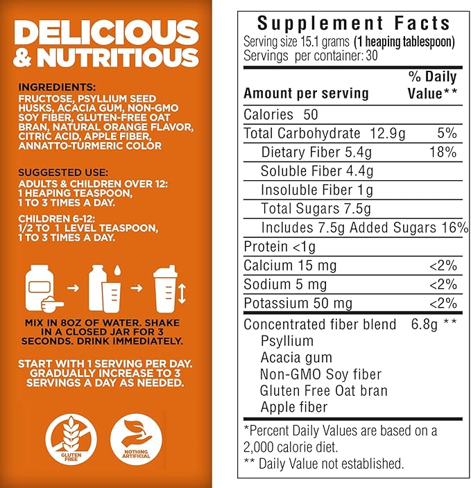 Yerba Prima Daily Fiber Formula 16 oz (Pack of 2) - Premium Dietary Fiber Supplement, Non-GMO, Gluten Free, Made in The USA, Orange Flavor