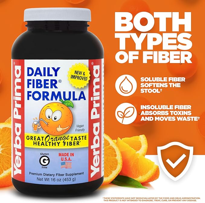 Yerba Prima Orange Flavored Daily Fiber Formula 16 oz Powder - Great Tasting, Premium Bulking Supplement for Regularity Support, Contains 5 Fiber Types, Made in The USA, Non-GMO, Gluten Free