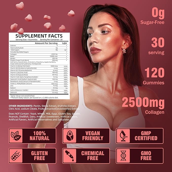 Collagen Peptide Gummies for Women,120 Sugar-Free Hydrolyzed, Extra Strength 2500mg Protein Type I,II,III,V,X with 15000mcg Biotin and Vitamin A B6 B12 C D E for Hair Skin Nail