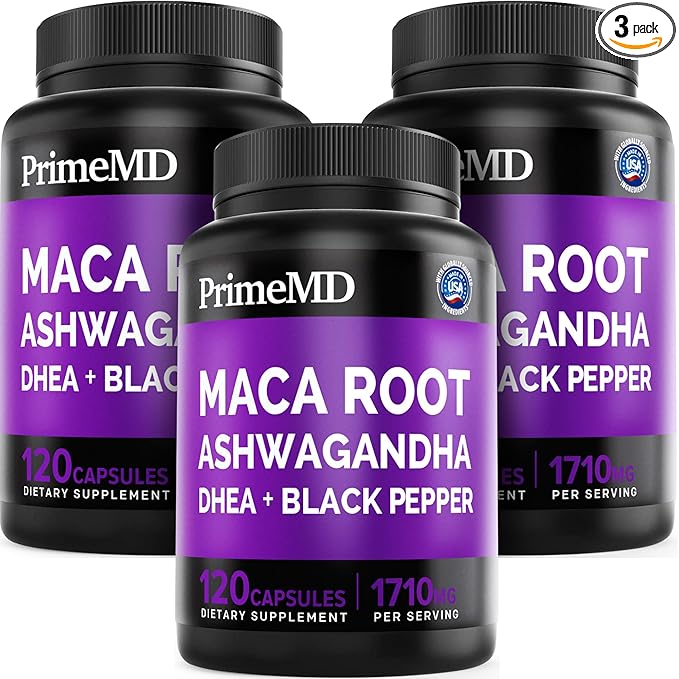 6-in-1 Organic Maca Root & Ashwagandha Capsules 1710mg w/DHEA & Black Pepper Fruit Extract - Maca Root Capsules for Women & Men - Energy, Mood, and Bone Support Supplement, 360 Capsules (3 Pack)
