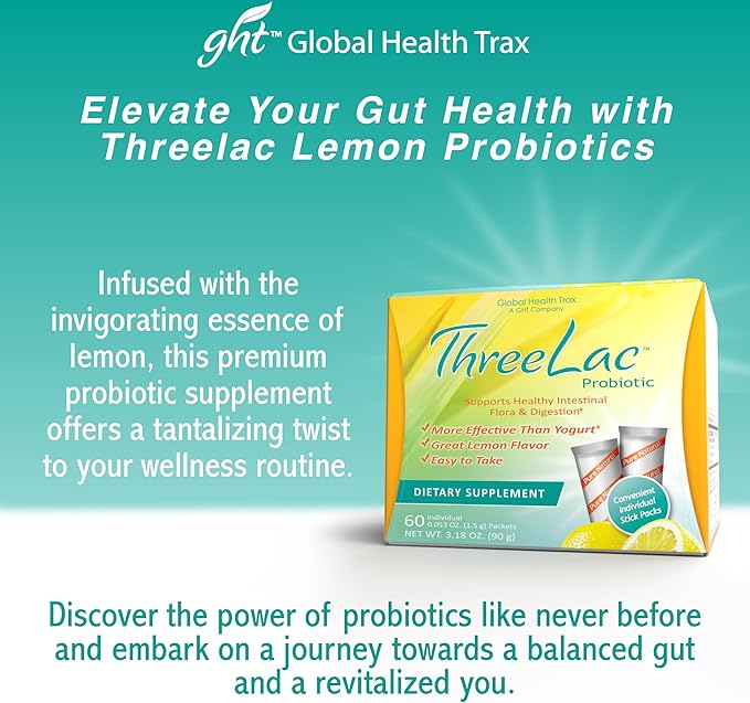 ThreeLac Lemon Probiotic Drink Mix for Digestive Health - Advanced Probiotic Powder Formula for Men, Women, and Kids - Immune Support & Gut Balance, Non-GMO - 120 Packets