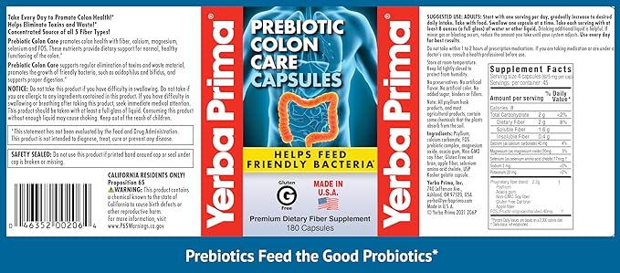 Yerba Prima Prebiotic Colon Care Capsules Dietary Fiber, 180 Count, (Pack of 2) - Five Forms of Fiber Plus FOS Prebiotics Supplement - Soluble & Insoluble for Regularity & Digestive Support