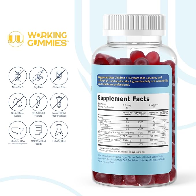 Vitamins ADK Gummies - Vitamin A D3 K2 Supplement - A 3000 iu, D3 5000 iu, K2 500mcg for Immune, Joint, Bone, Heart, Vision Health - Kids, Adults, Women - 60 Count Blueberry Flavor