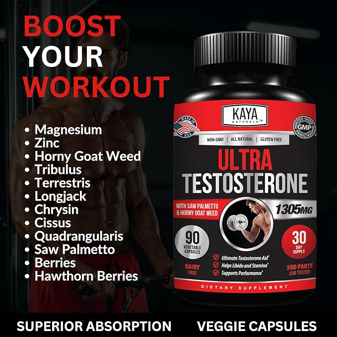 Kaya Naturals Ultra Testosterone - Men's Testosterone Booster with Tongkat Ali, Horny Goat Weed, Tribulus - Natural Workout Supplement for Energy, Stamina, and Strength Booster - 90 Count