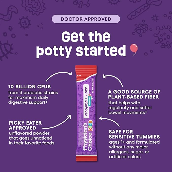 Physician's Choice Kids Probiotic + Prebiotic Fiber Packets (Ages 1+) - Supports Regularity, Occasional Constipation & A Healthy Digestive System - No Allergens or Preservatives - Unflavored - 24 Pack