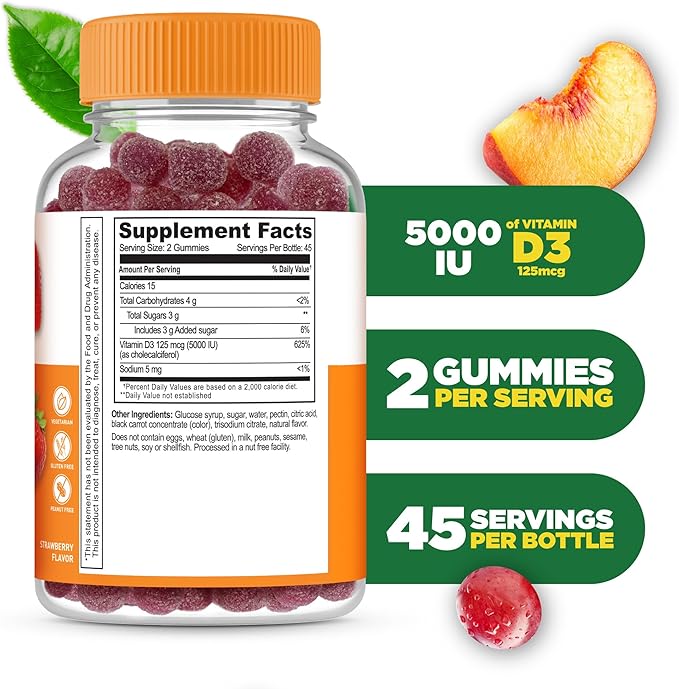 Vitamin D Gummies for Adults | 5000 IU | Great Tasting D3 Vitamin | Immune Support and Healthy Bones Vitamin D Supplement for Men, Women | 90 Gummies | Lifeable